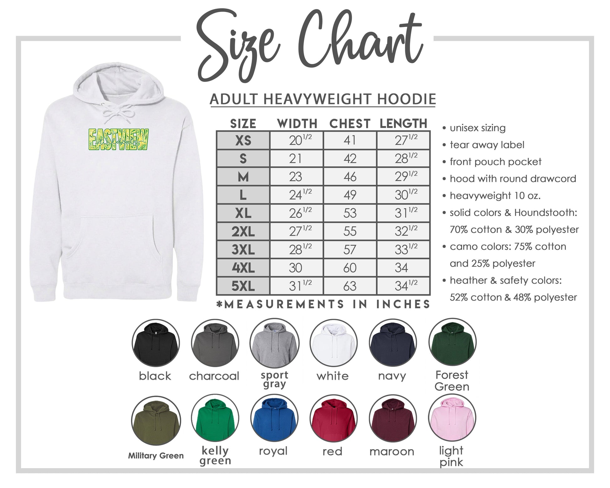 The image is a size chart for an adult heavyweight hoodie, showing the different sizes available and their corresponding measurements in inches.