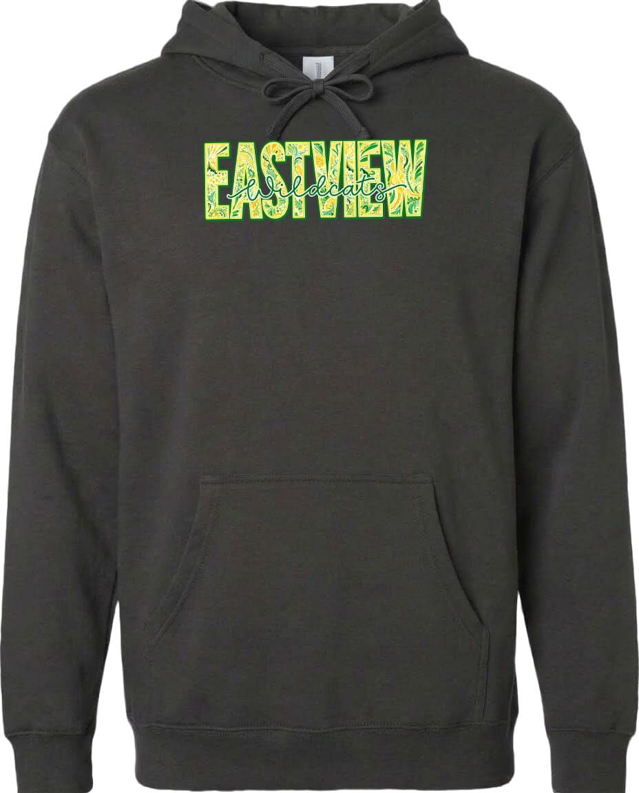 A black hoodie with a yellow and green text logo on the front.