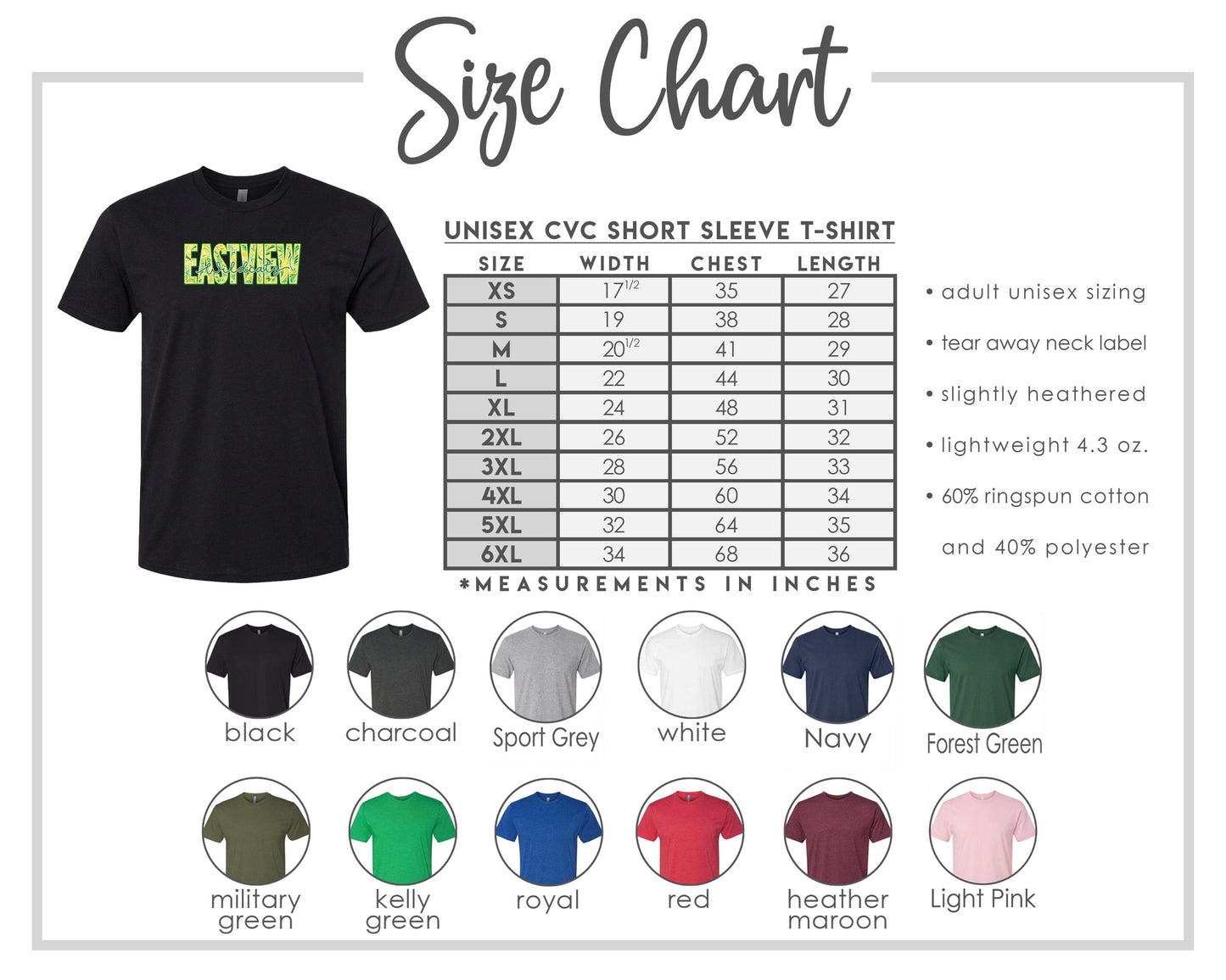 The image is a size chart for a UNISEX CVC short sleeve t-shirt, providing measurements in inches for different chest and waist sizes. The chart includes a black t-shirt, a green t-shirt, and various other color options.
