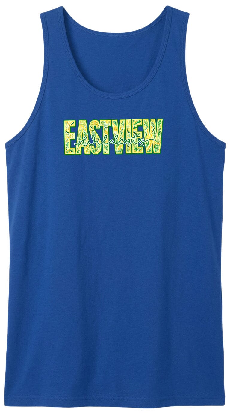 A blue tank top with the word "EASTVIEW" printed on it in a stylized font.