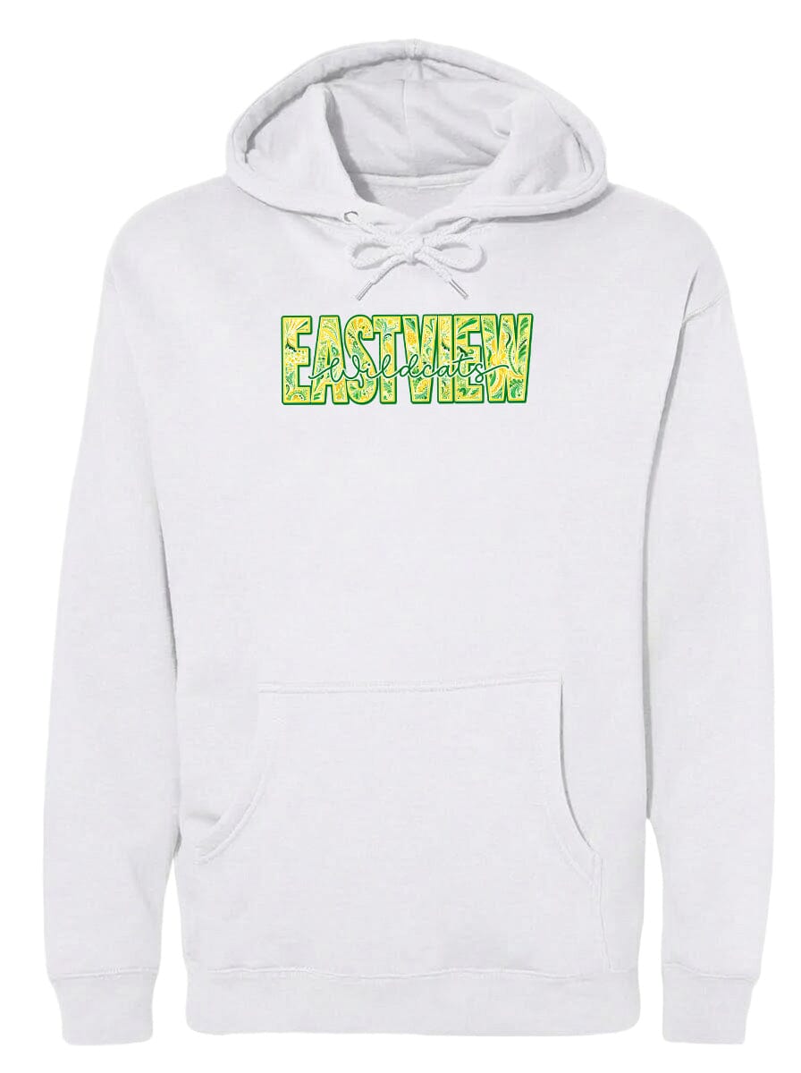 A white hoodie with a graphic design on the front.