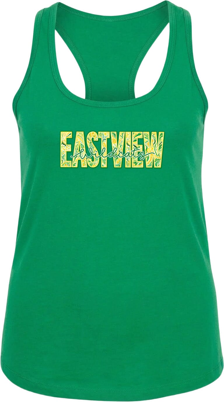 A green tank top with the word "EASTVIEW" printed on it in a stylized font.