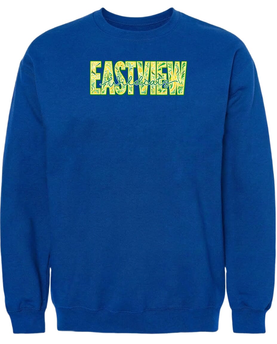 A blue sweatshirt with the word "EASTVIEW" printed on it in yellow text.