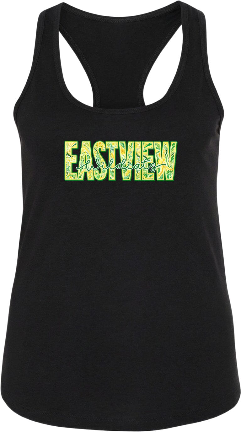 A black tank top with the word "EASTVIEW" printed in yellow letters.