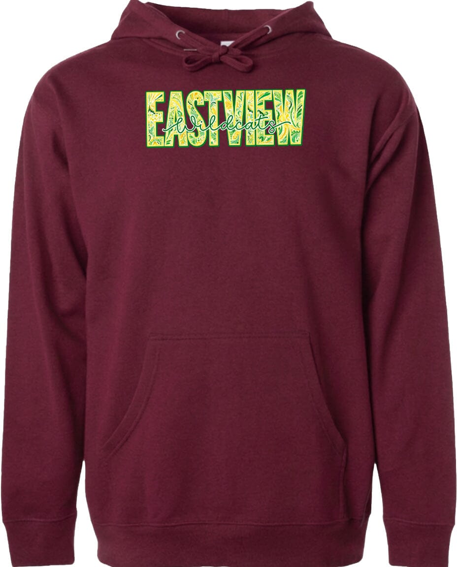 A burgundy-colored hoodie with a graphic design on the front.