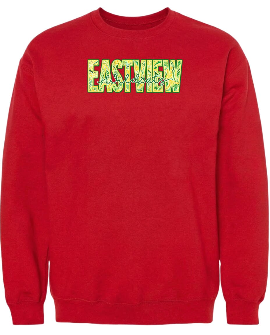 A red sweatshirt with the word "EASTVIEW" printed on it in a stylized font.