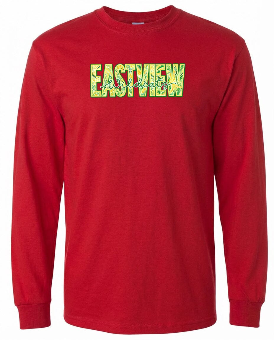 A red long-sleeved t-shirt with the word "EASTVIEW" printed on it in a stylized font.