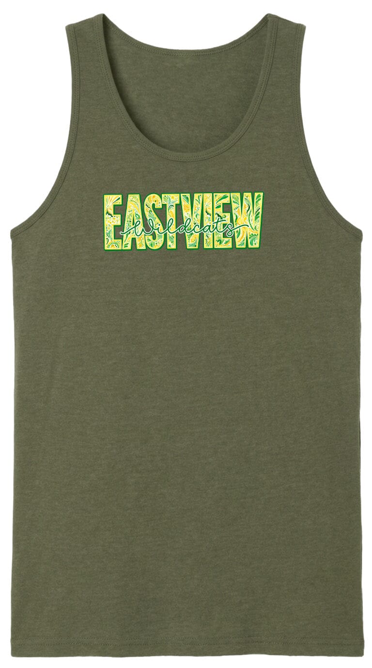 A green tank top with the word "EASTVIEW" printed on it in a stylized font.