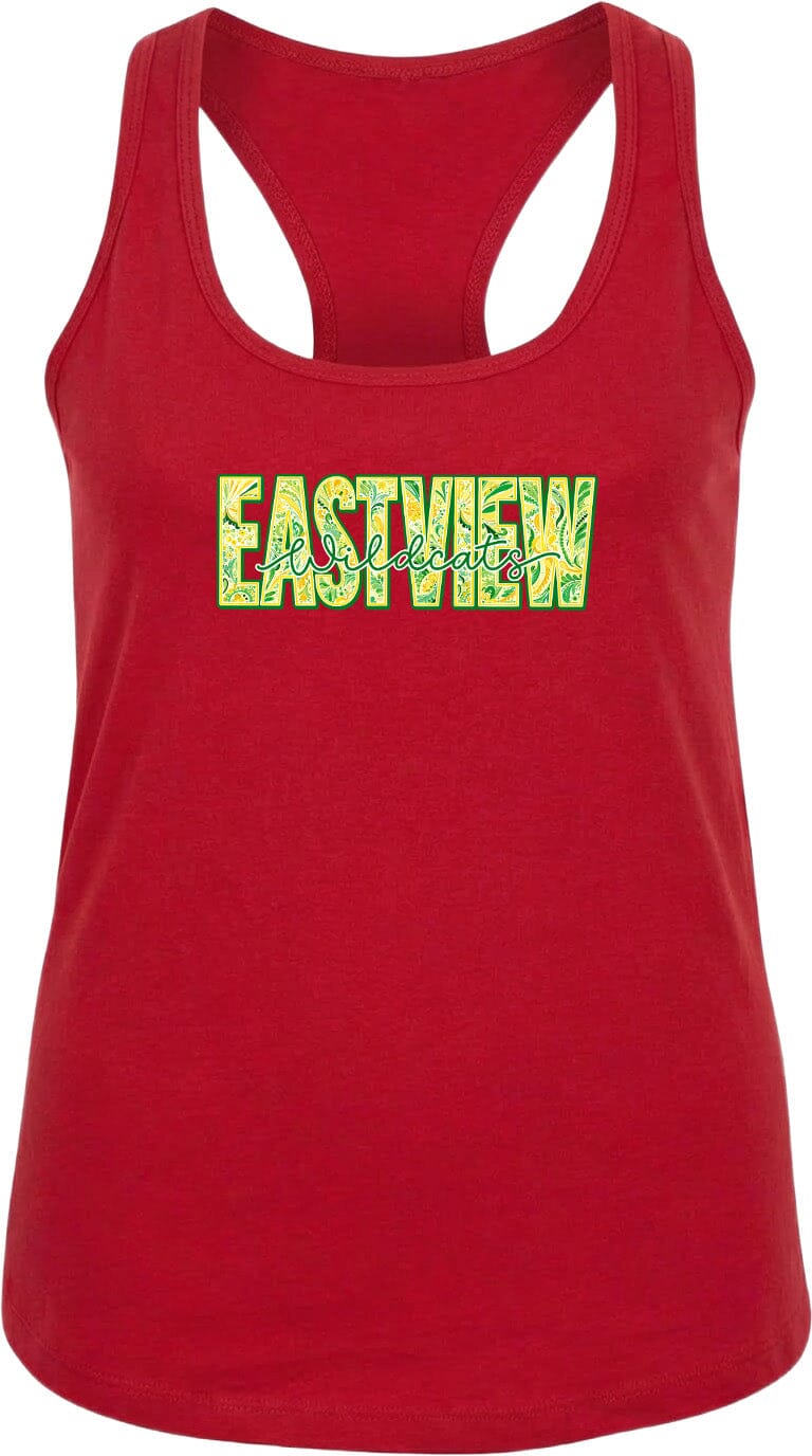 A red tank top with the word "EASTVIEW" printed on it in a stylized font.