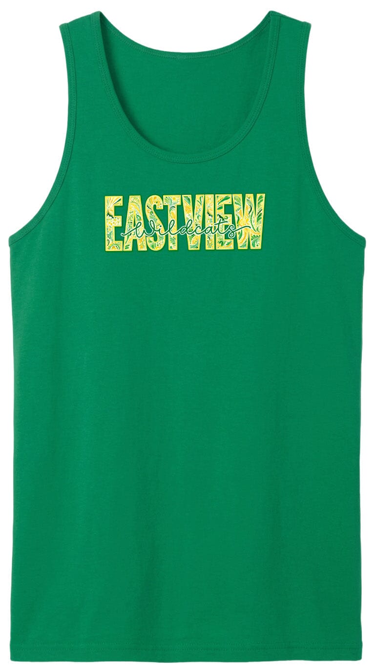 A green tank top with the word "EASTVIEW" printed on it in a stylized font.