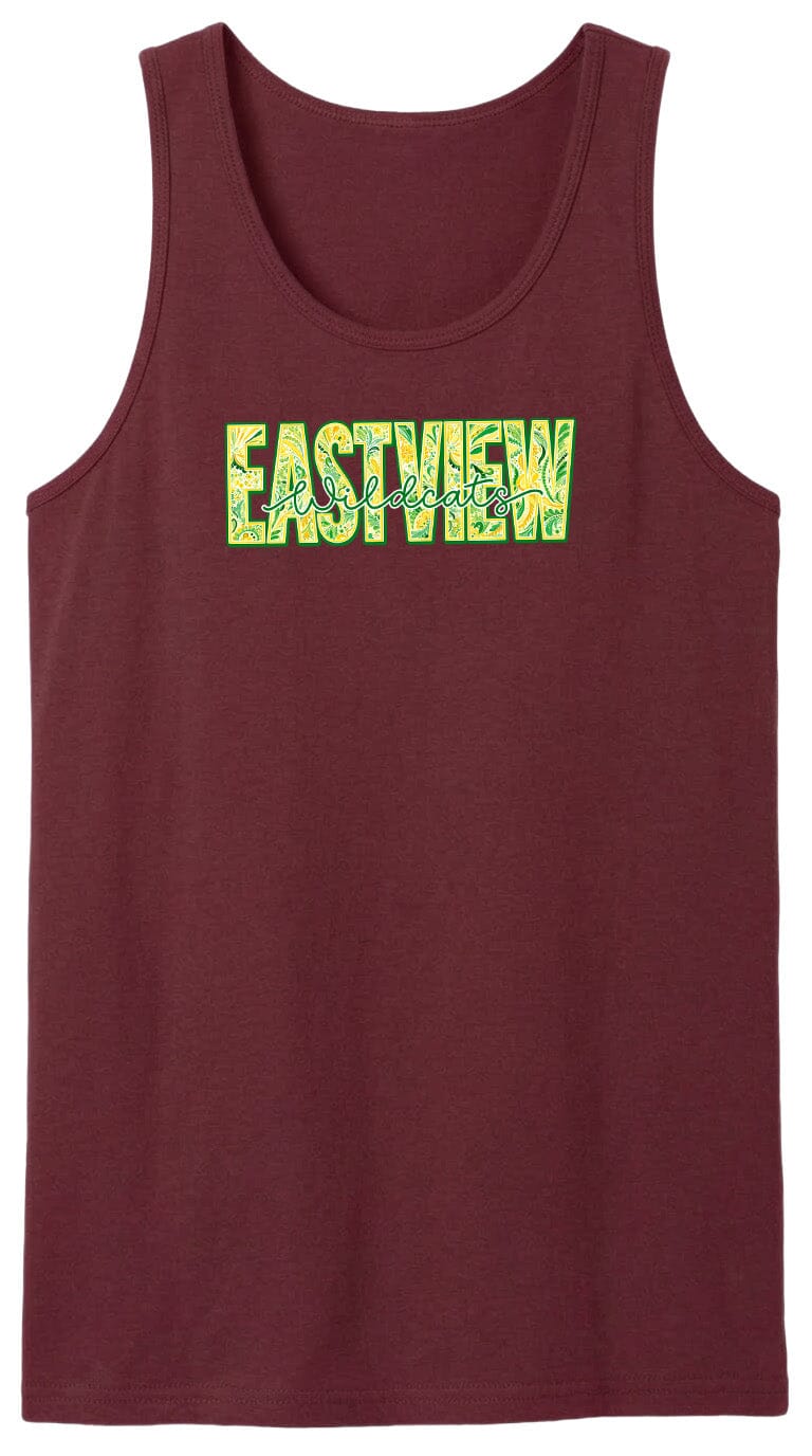 A burgundy tank top with the word "EASTVIEW" printed in green and yellow letters.