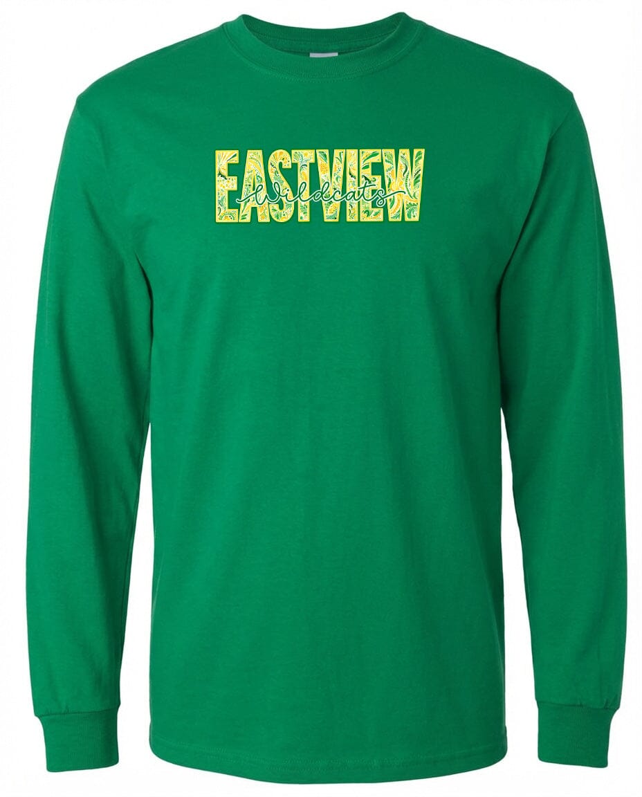 A bright green long-sleeved shirt with the word "EASTVIEW" printed on it in a stylized font.