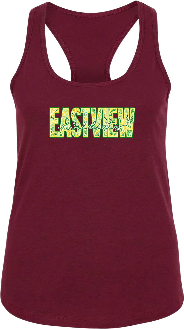 A burgundy-colored tank top with the text "EASTVIEW" printed on it in a stylized font.