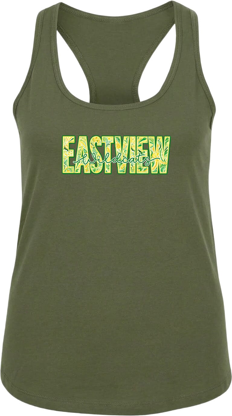 A green tank top with the word "EASTVIEW" printed on it in a stylized font.