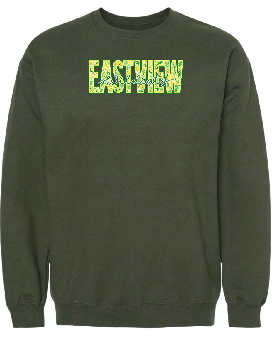 A dark green sweatshirt with the word "EASTVIEW" printed on it in a stylized font.