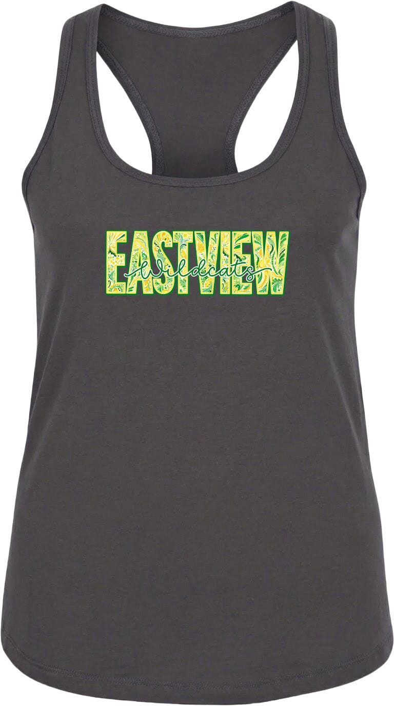 A gray tank top with the word "EASTVIEW" printed in large, colorful letters across the front.