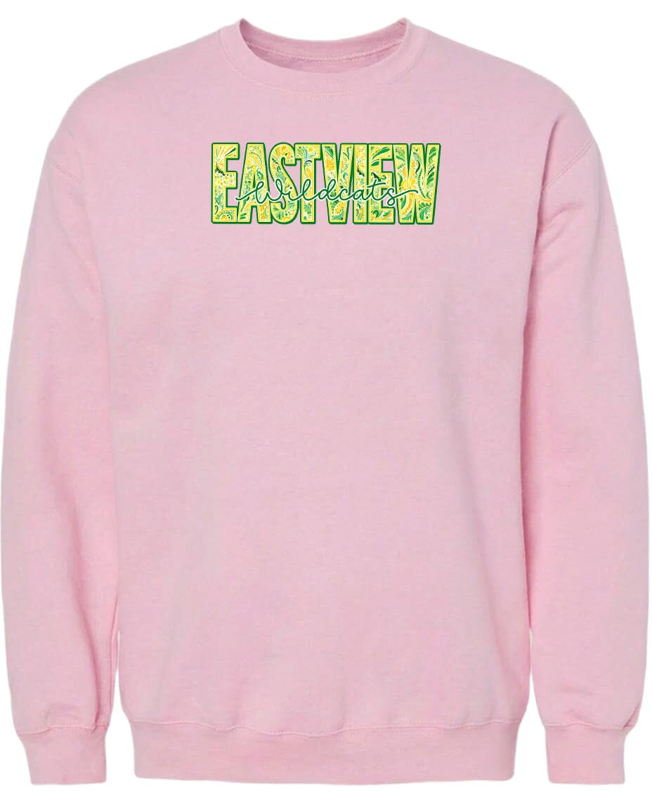 A pink sweatshirt with the text "EASTVIEW" printed on it in a stylized font.