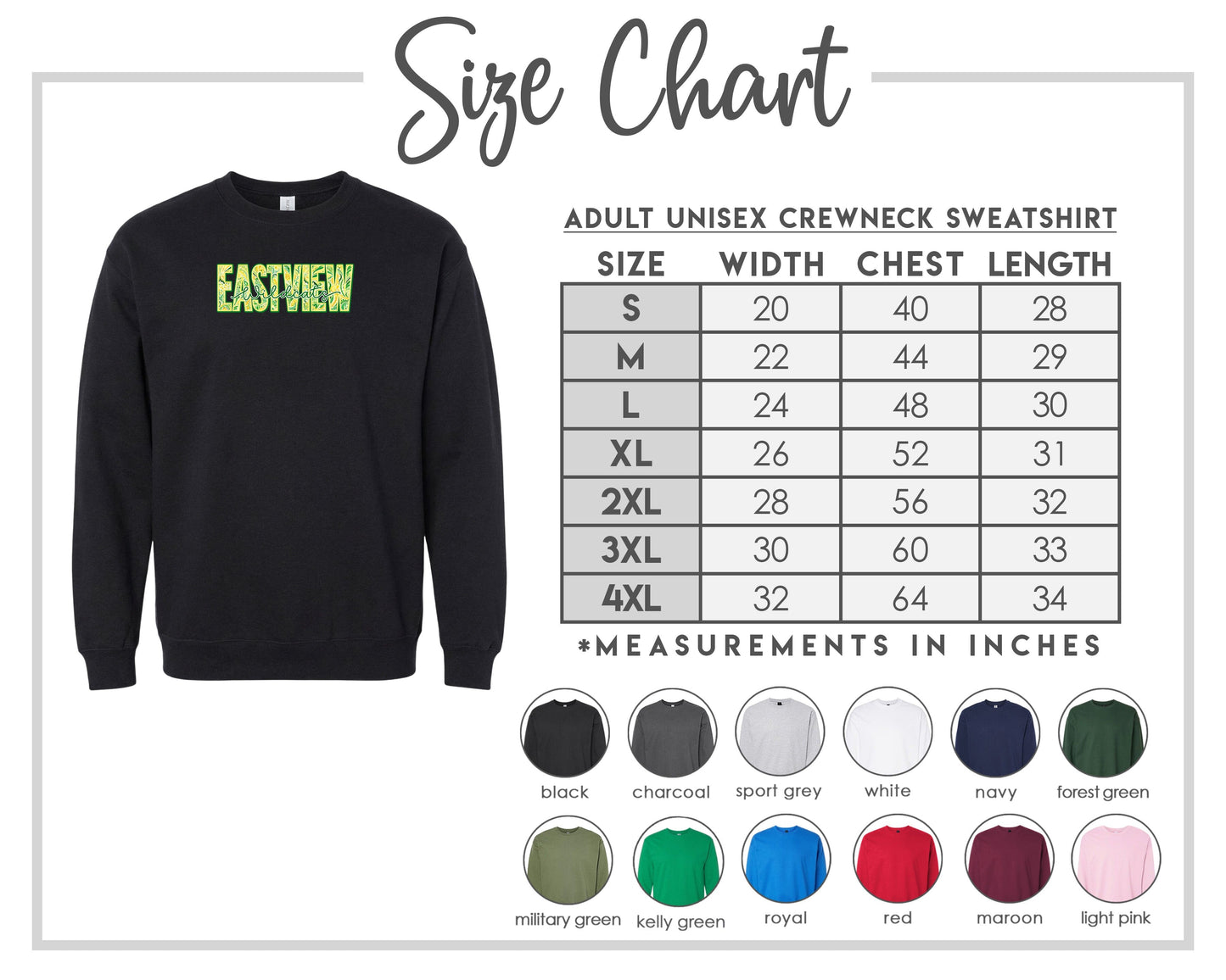 a black sweatshirt with the measurements for size chart