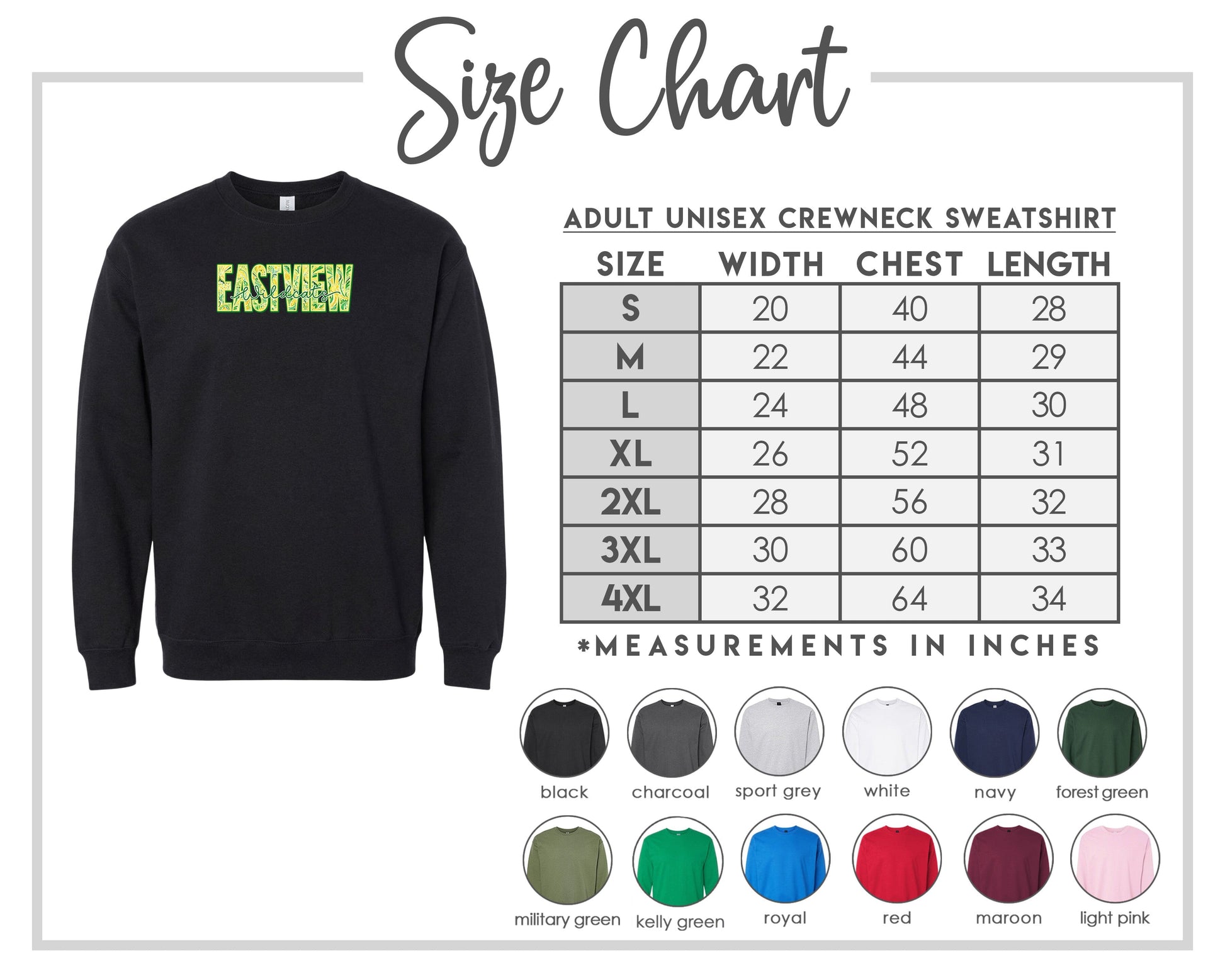 a black sweatshirt with the measurements for size chart