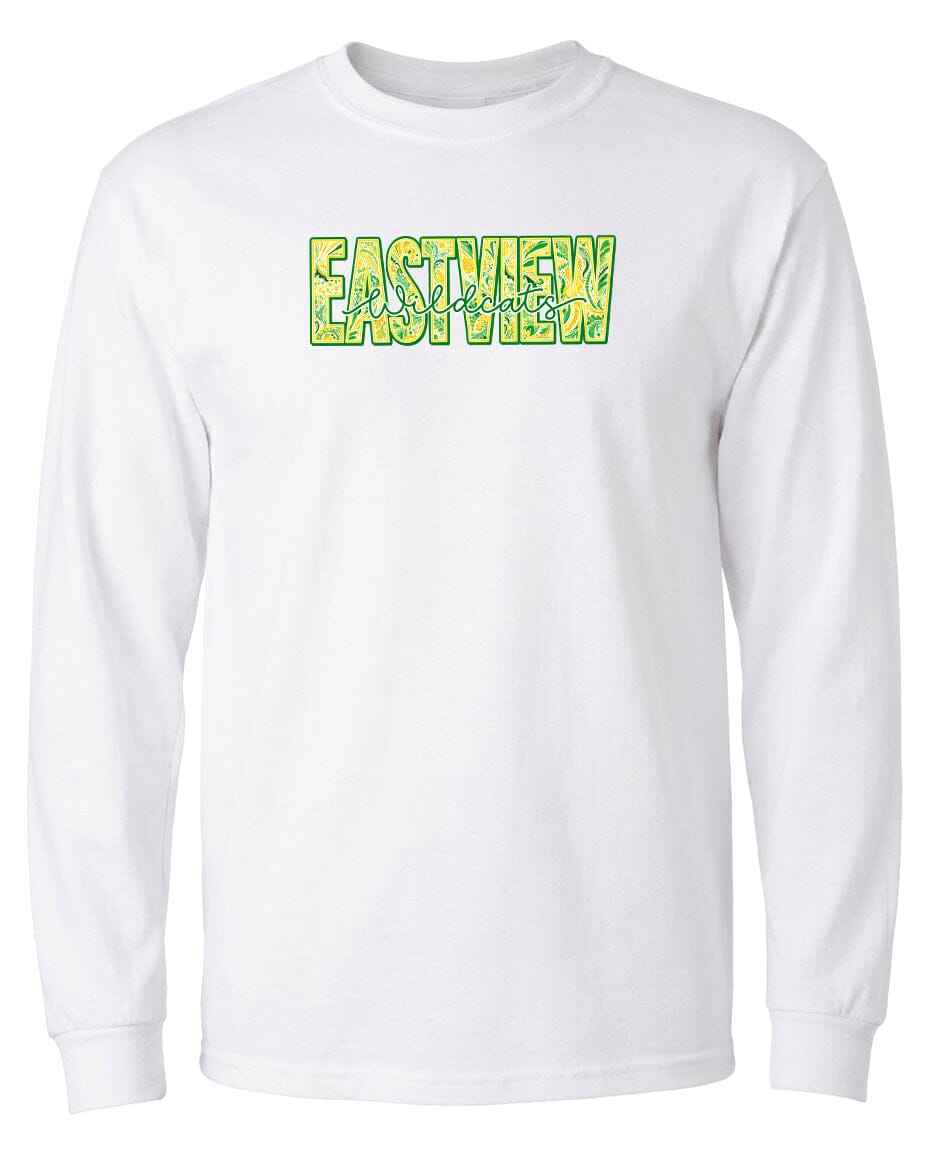 A white long-sleeved t-shirt with the word "EASTVIEW" printed on it in a stylized font.
