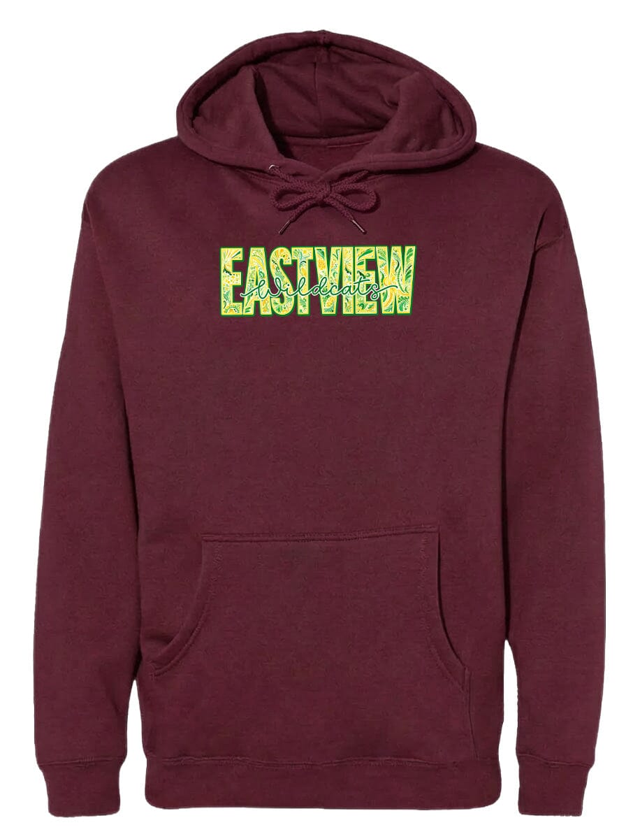 A burgundy-colored hoodie with the word "EASTVIEW" printed in green on the front.
