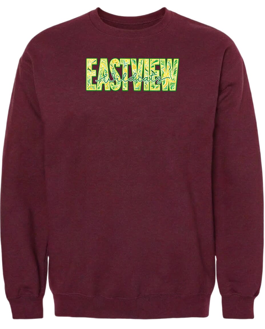 A burgundy-colored sweatshirt with the word "EASTVIEW" printed in yellow letters across the front.