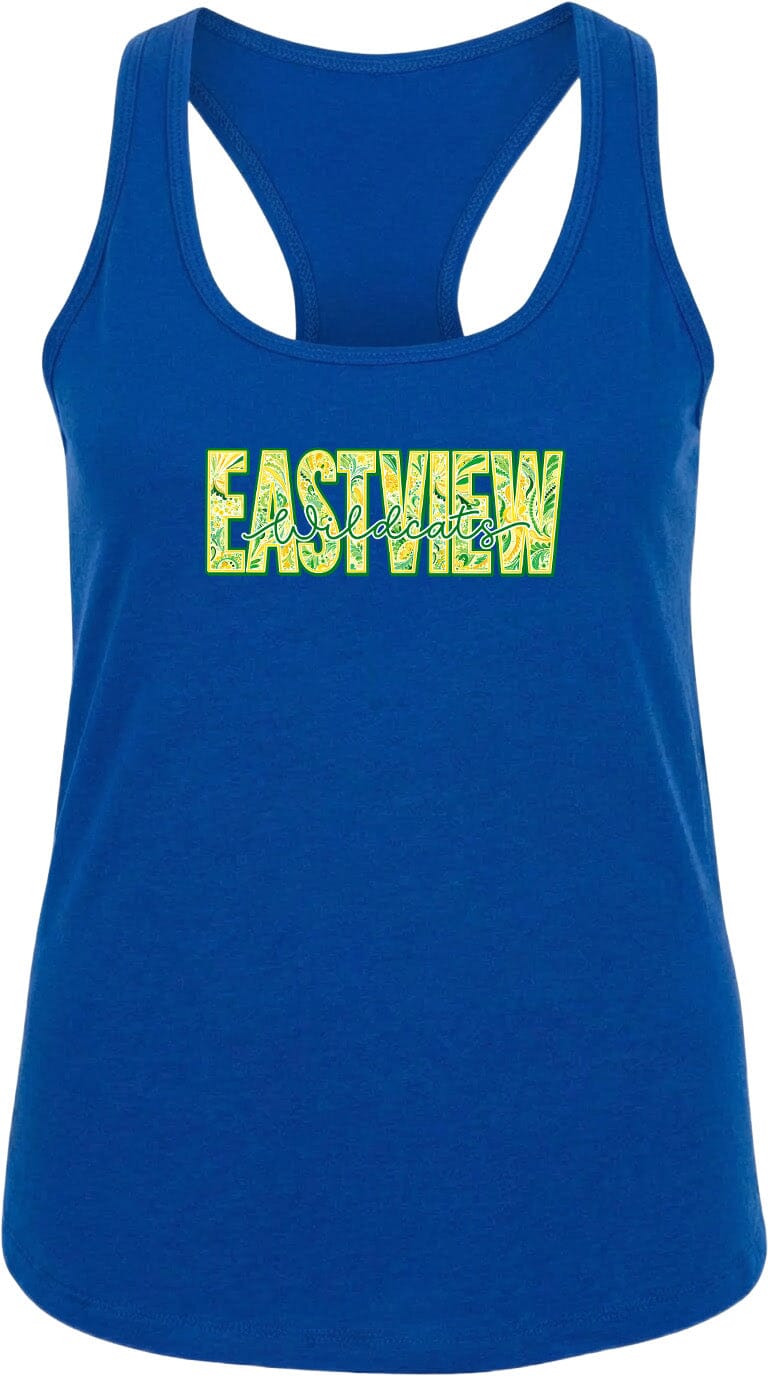 A blue tank top with the word "EASTVIEW" printed in yellow letters.