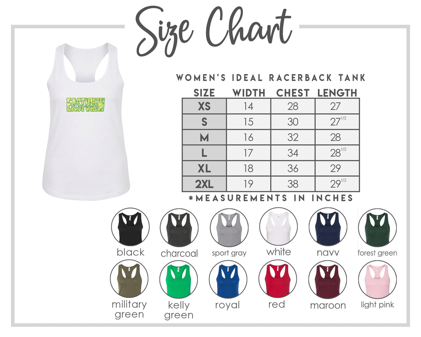 The image is a size chart for a women's ideal racerback tank, including various color options and corresponding chest length measurements in inches.