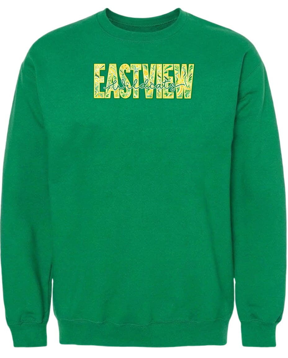 A bright green sweatshirt with the word "EASTVIEW" printed on it in a stylized font.