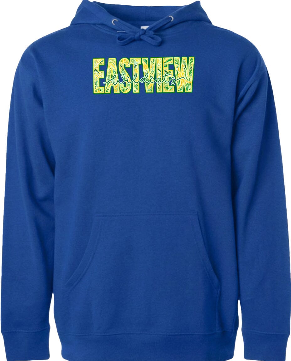 A blue hoodie with the word "EASTVIEW" printed on it in a stylized font.