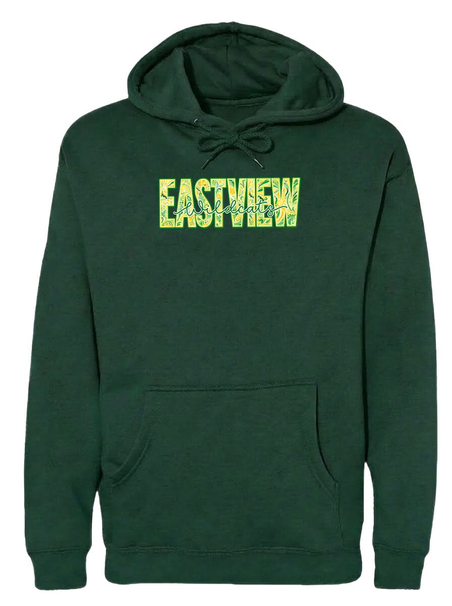 A dark green hoodie with the word "EASTVIEW" printed on it in yellow letters.
