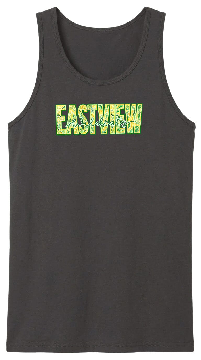 A black tank top with the word "EASTVIEW" printed in green and yellow text across the front.