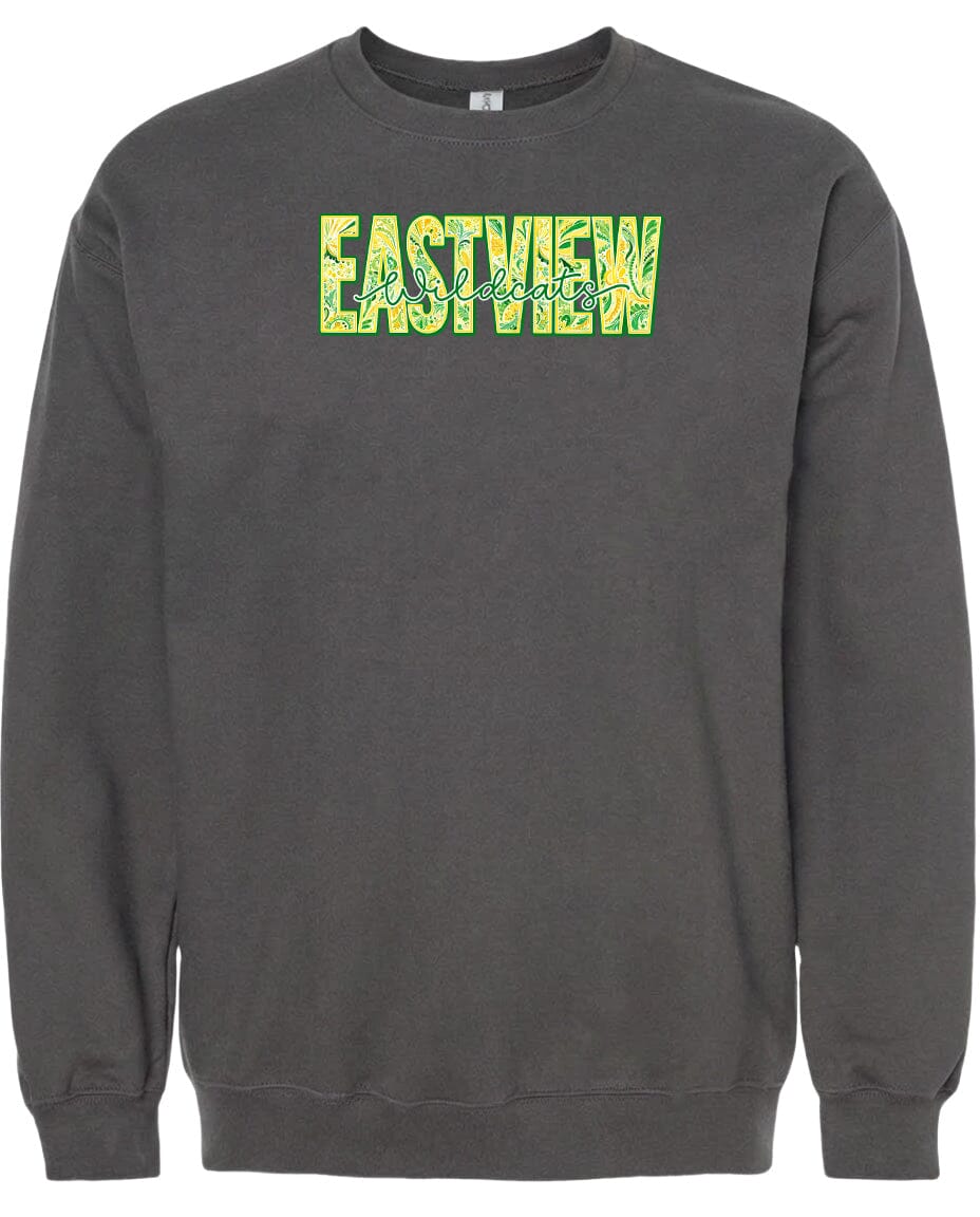 A gray sweatshirt with the word "EASTVIEW" printed in green text across the front.