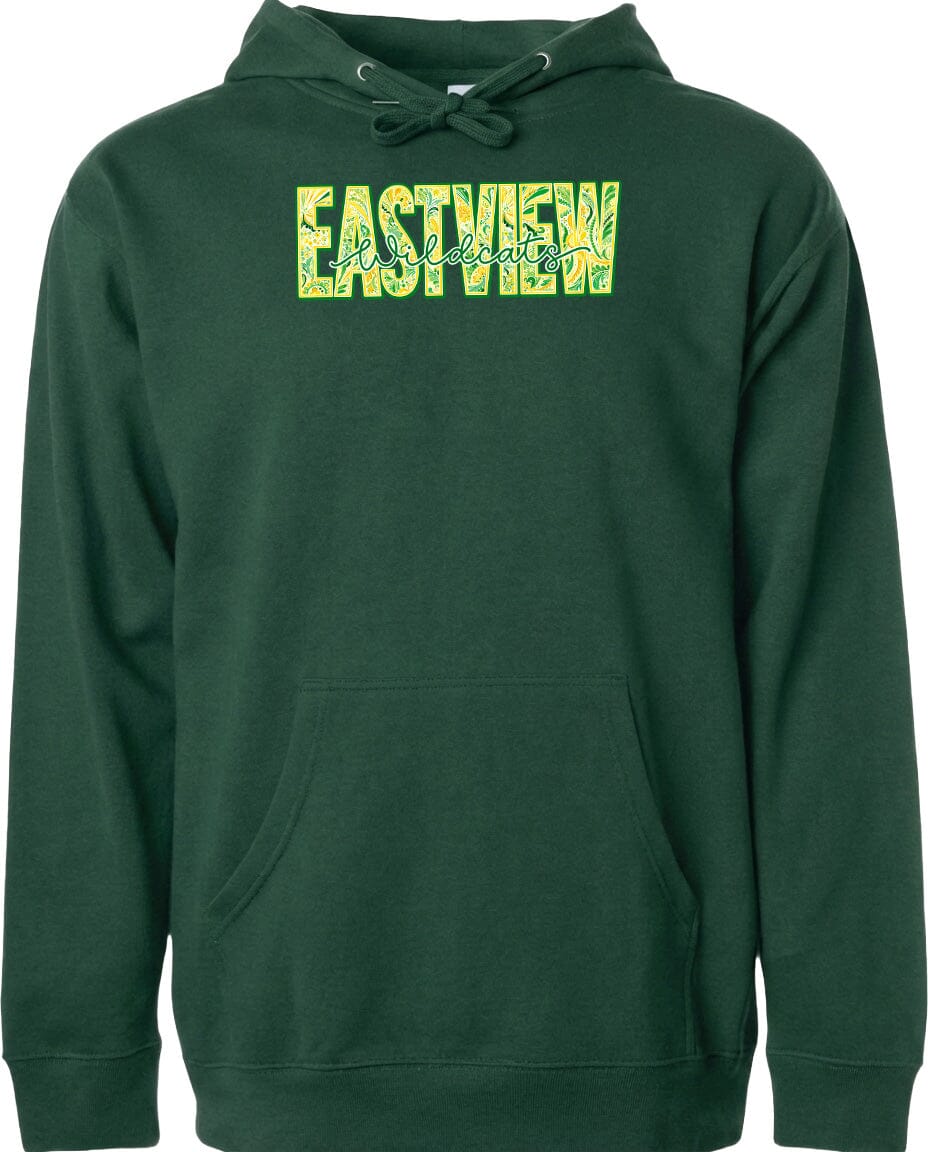 A dark green hoodie with a large yellow text logo on the front.