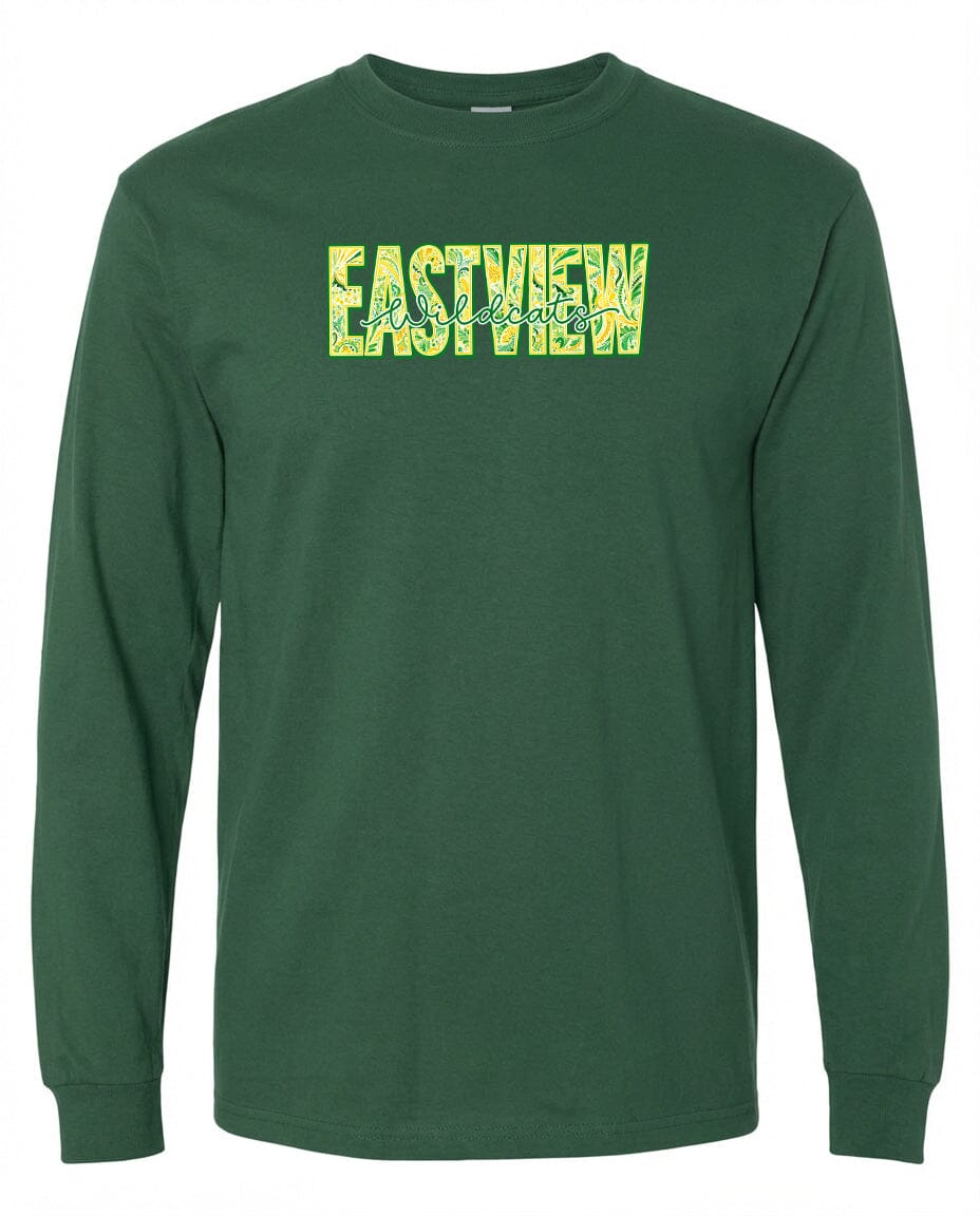 A green long-sleeved t-shirt with the word "EASTVIEW" printed on it in a stylized font.