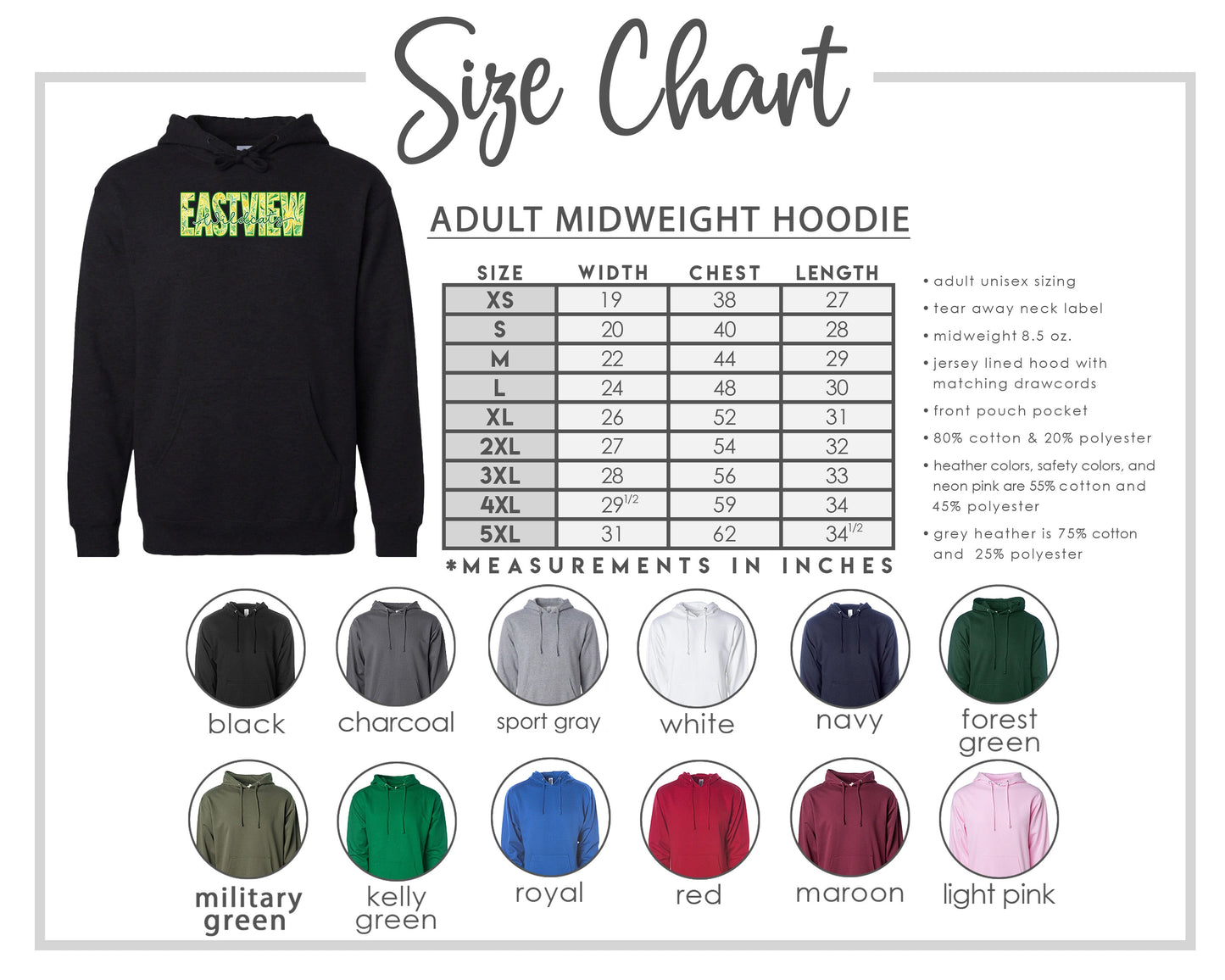 The image is a size chart for an adult midweight hoodie, including various color options and corresponding measurements in inches.