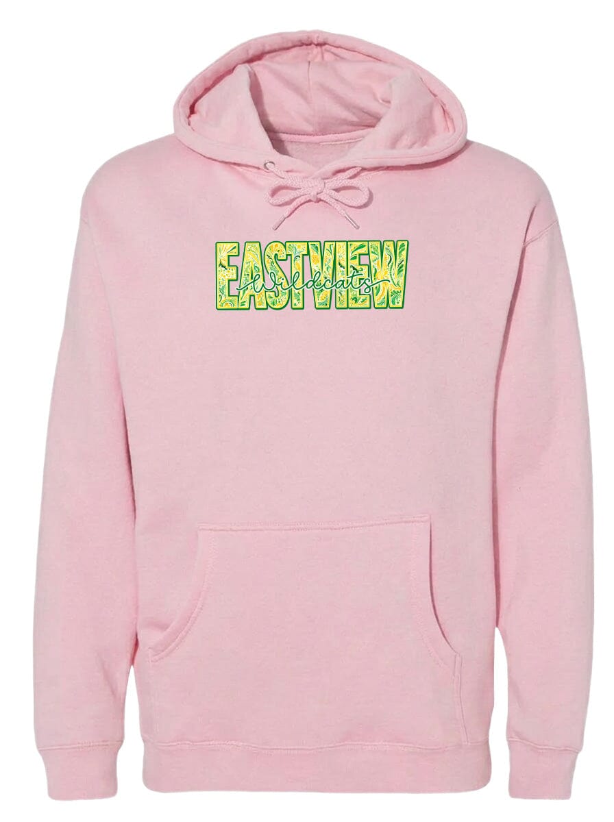 A pink hoodie with a graphic design on the front.