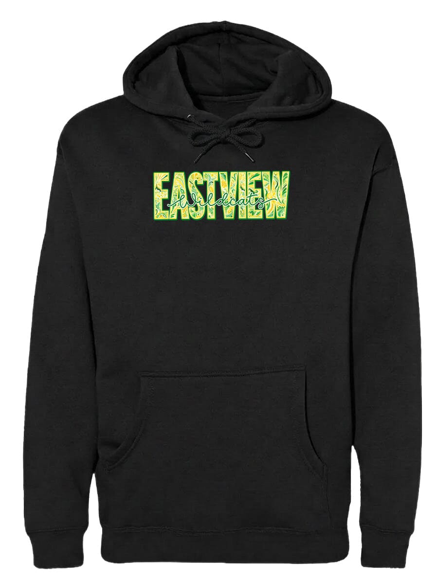 A black hoodie with the word "EASTVIEW" printed in green letters across the front.