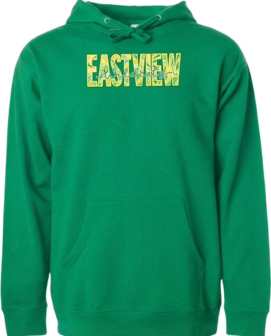 A bright green hoodie with the word "EASTVIEW" printed on it in yellow letters.