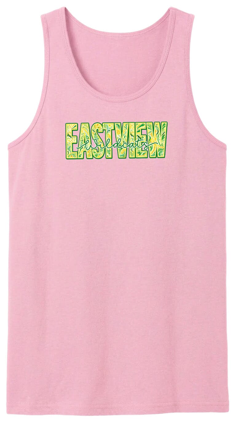 A pink tank top with the word "EASTVIEW" printed on it in a stylized font.
