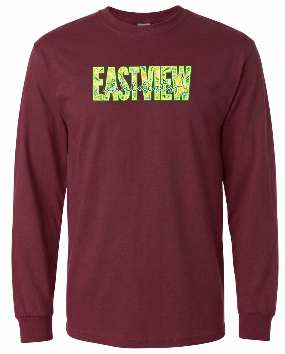 A burgundy long-sleeved t-shirt with the word "EASTVIEW" printed in green and yellow letters across the front.