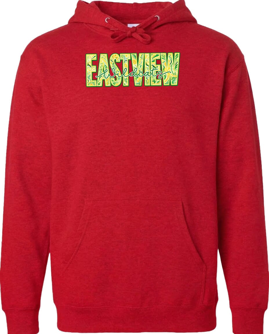A red hoodie with the word "EASTVIEW" printed on it in a stylized font.