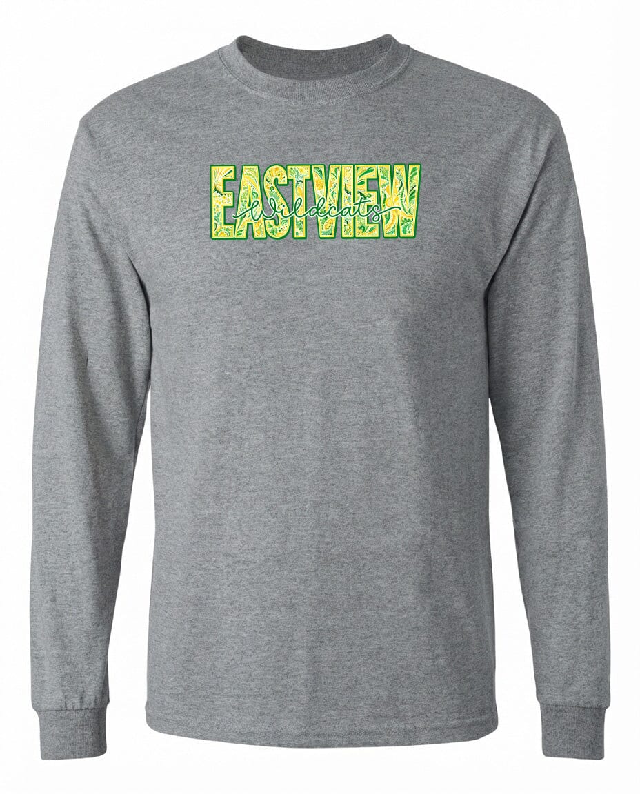 A gray long-sleeved t-shirt with the word "EASTVIEW" printed in green and yellow letters across the front.