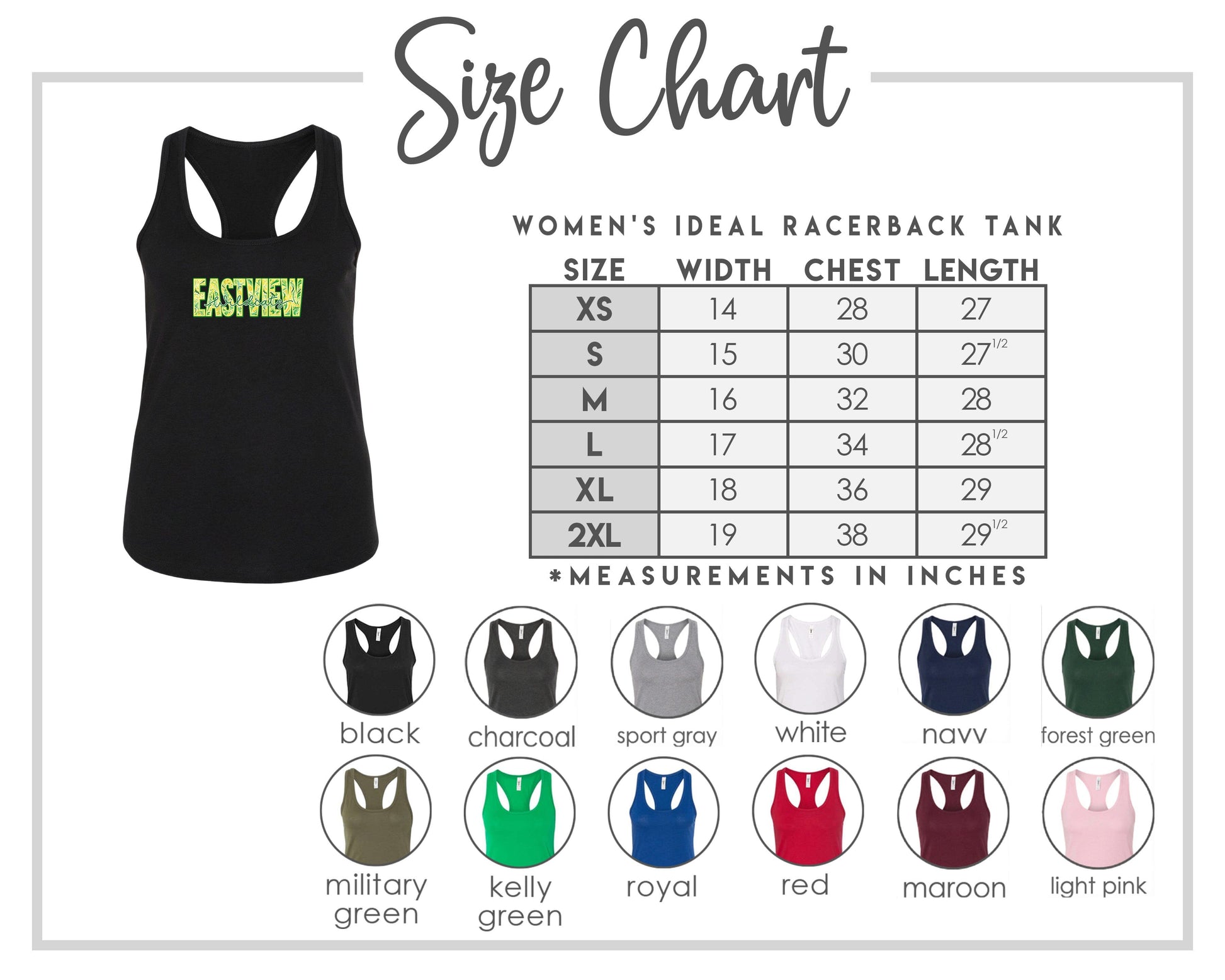 The image is a size chart for a women's ideal racerback tank, including various color options and corresponding chest measurements.