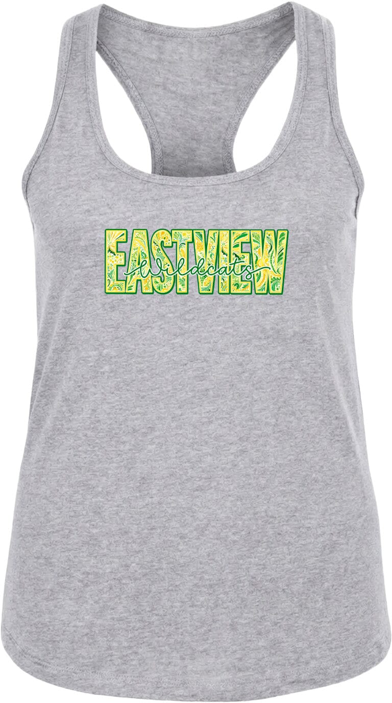 A gray tank top with the text "EASTVIEW" printed in a stylized font.