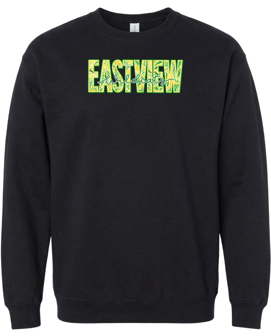 A black sweatshirt with the word "EASTVIEW" printed in yellow letters across the front.
