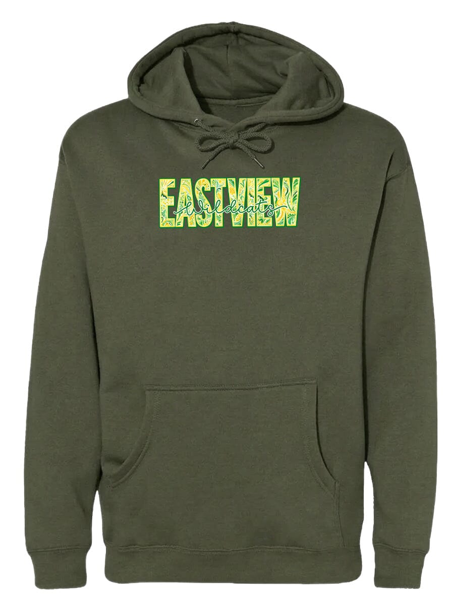 A dark green hoodie with a yellow and green logo on the front.