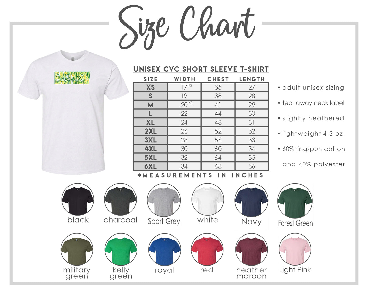 The image is a size chart for a white short sleeve t-shirt, including various color options and corresponding measurements in inches.