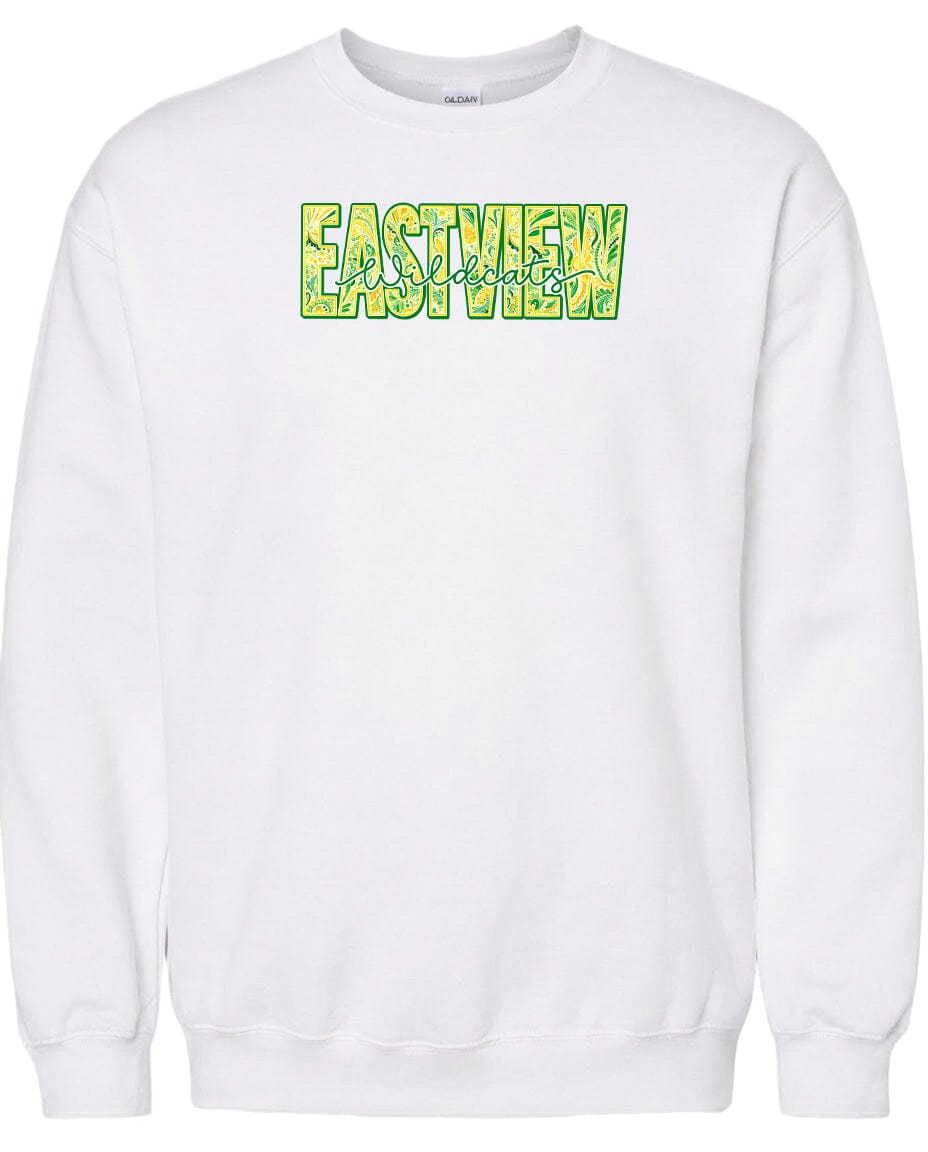 A white sweatshirt with a large green and yellow text logo on the front.