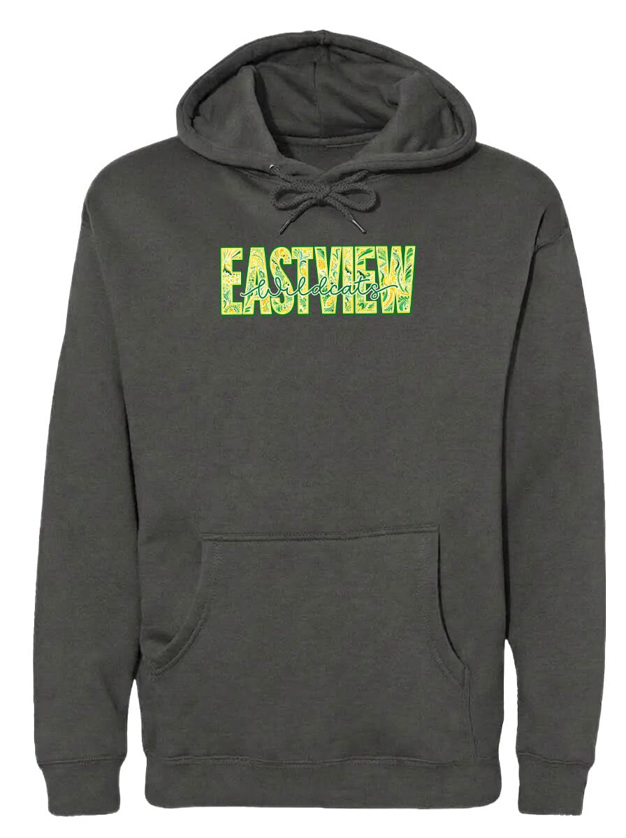 A gray hoodie with the word "EASTVIEW" printed in green letters across the front.